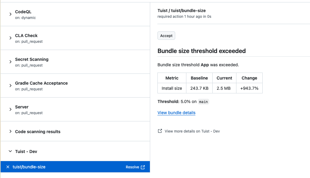 GitHub check run showing threshold violation